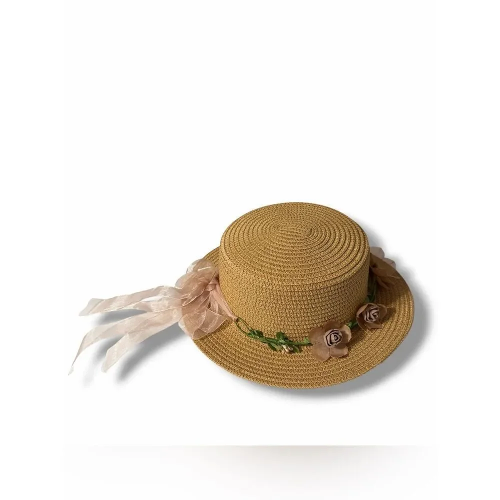 Tan Floral Lace Band Summer Straw Hat NWT
